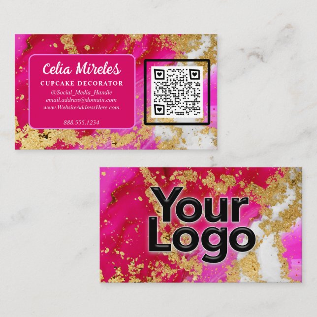 Carte D'accompagnement Logo d'entreprise Gold Elegance Pink Geode Code QR (Devant / Derrière)