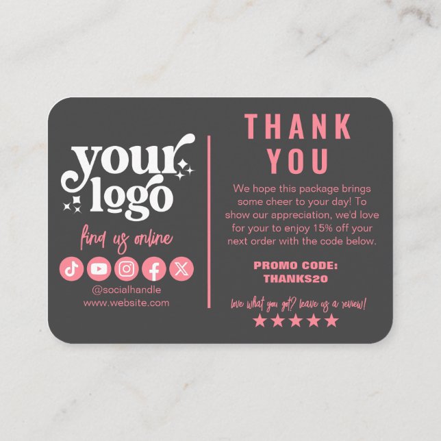 Carte D'accompagnement Logo modifiable Forfait de Merci gris rose rétro (Dos)