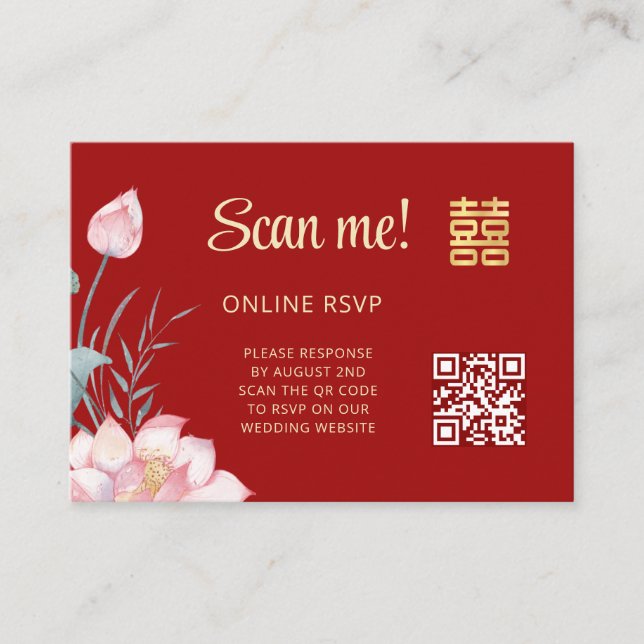 Carte D'accompagnement Lotus Mariage Chinois Code QR RSVP en ligne (Devant)