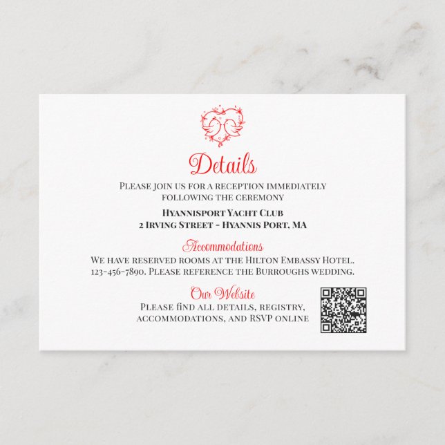 Carte D'accompagnement Lovebirds Boho Red Heart Wedding Details           (Devant)