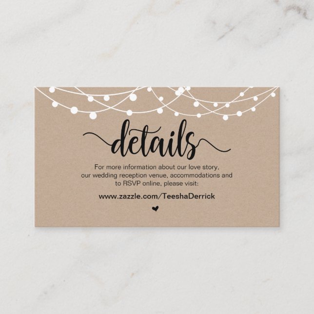 Carte D'accompagnement Lumières à chaîne de ferme rustique, détails Maria (Devant)