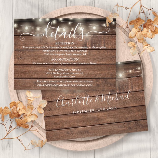 Carte D'accompagnement Lumières à cordes de bois rustique Détails du Mari (Rustic Wood String Lights Script Wedding Details Enclosure Card)