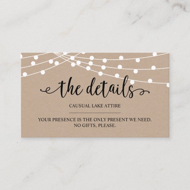 Carte D'accompagnement Lumières à cordes rustiques kraft, Nos détails, si (Devant)