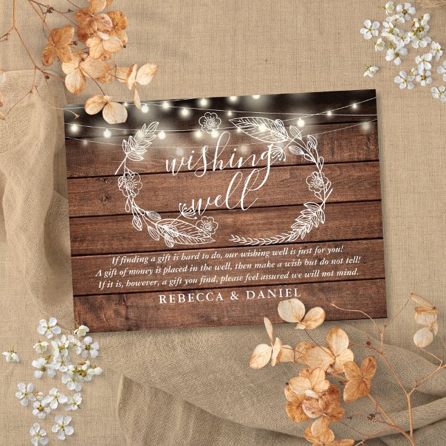 Carte D'accompagnement Lumières de Guirlande de Puits de Souhaits Mariage (Wishing Well String Lights Rustic Wood Wedding Enclosure Card)