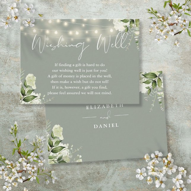 Carte D'accompagnement Lumières de verdure sauge Lumières de ficelle Mari (Sage Greenery String Lights Wishing Well Wedding Enclosure Card)