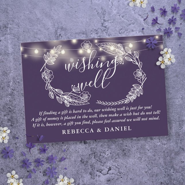 Carte D'accompagnement Lumières Guirlande Violettes Mariage Puits de Vœux (Wishing Well String Lights Purple Wedding Enclosure Card)