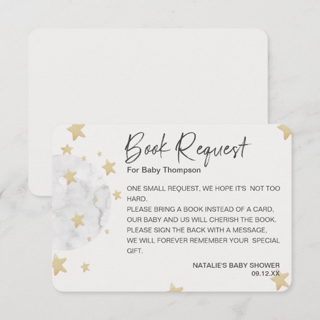 Carte D'accompagnement Lune et étoiles Baby shower neutre demande de rése (Devant / Derrière)