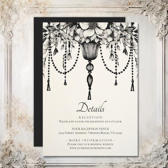 Carte D'accompagnement Lustre à fleurs noir blanc Détails du Mariage (Floral Chandelier Black White Wedding Details Enclosure Card)