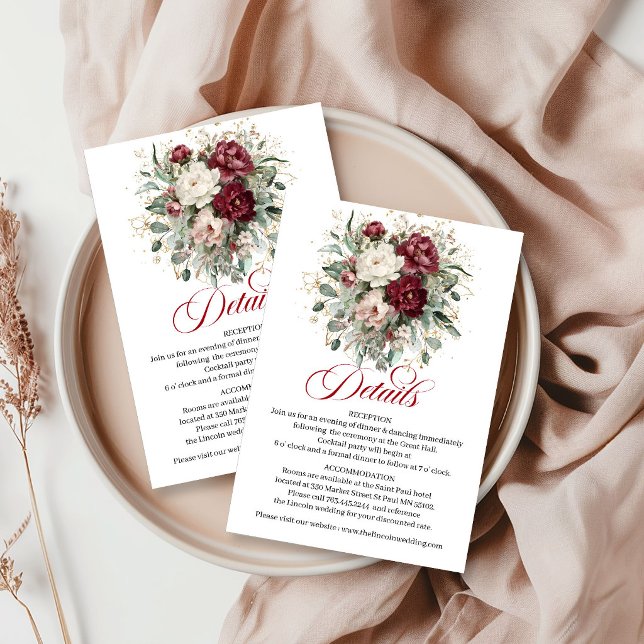 Carte D'accompagnement Luxe Boho Marsala Floral Eucalyptus Or (Luxury Boho Marsala Floral Eucalyptus Gold Info Card)