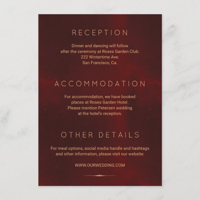 Carte D'accompagnement Luxe classique bordeaux or mariages détails (Devant)