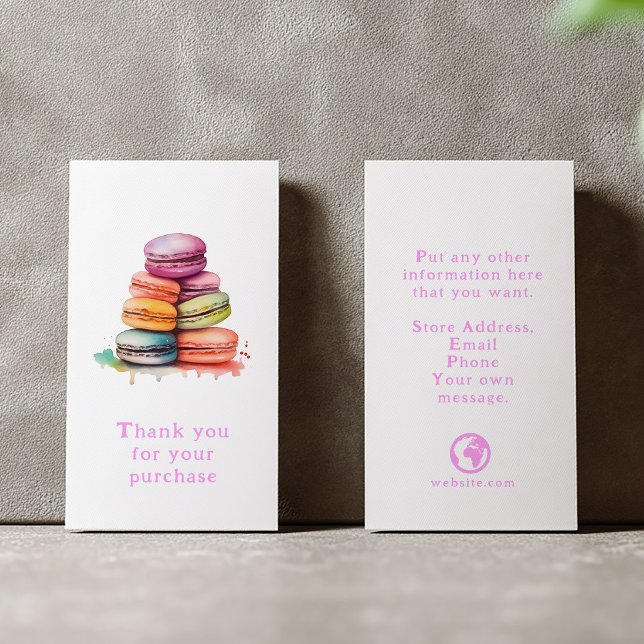 Carte D'accompagnement Macarons couleur Merci (Fun watercolor macarons thank you insert card with pink text and business details.)