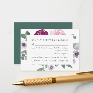 Carte D'accompagnement Magenta Rose Floral Blanc Réponse