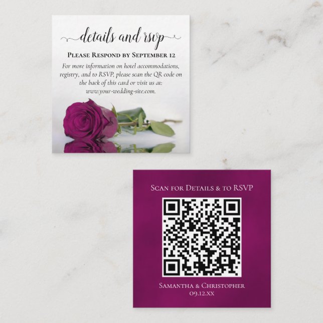Carte D'accompagnement Magenta Rose Posh Détails du Mariage et code QR RS (Devant / Derrière)