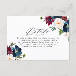 Carte D'accompagnement Magnifique mariage floral rouge bordeaux Navy Blus