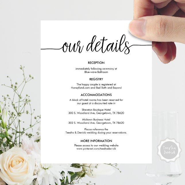 Carte D'accompagnement Magnifique Nos détails Mariages, encre noire rusti (Beautiful Our Wedding Details, Rustic Black ink Enclosure Card, Accommodations, Reception, RSVP)