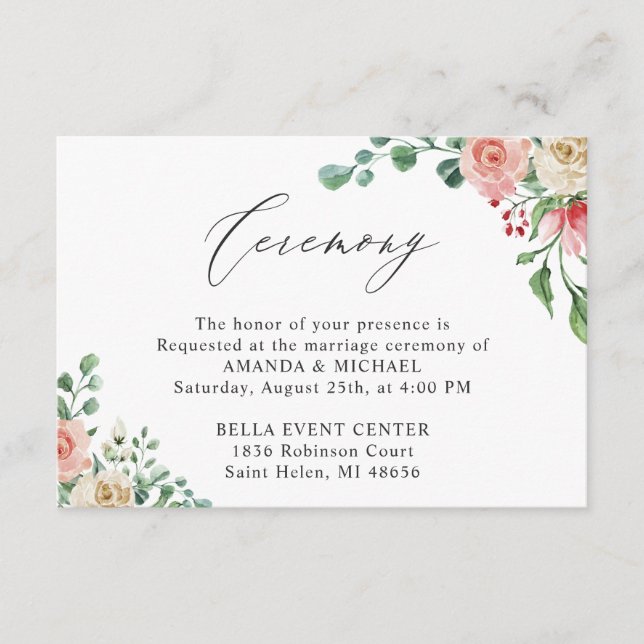 Carte D'accompagnement Magnifique Rose d'aquarelle Floral Mariage cérémon (Devant)