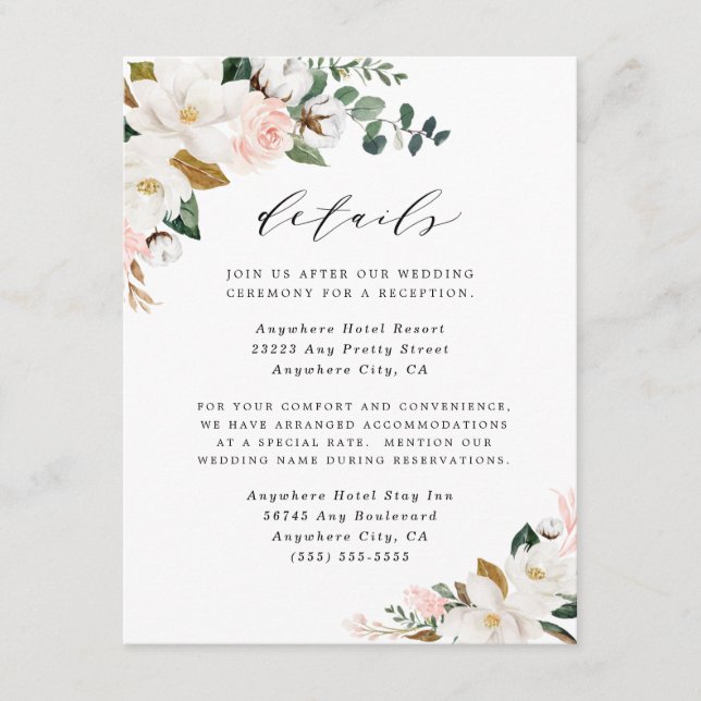 Carte D'accompagnement Magnolia Blush Rose or et blanc Mariage floral (Devant)