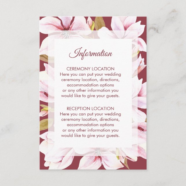 Carte D'accompagnement Magnolia Burgundy Information sur les Mariages flo (Devant)