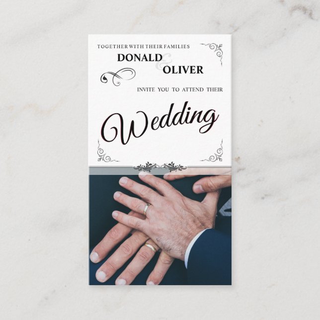 Carte D'accompagnement Mains d'un couple de Mariages gais avec anneaux (Devant)
