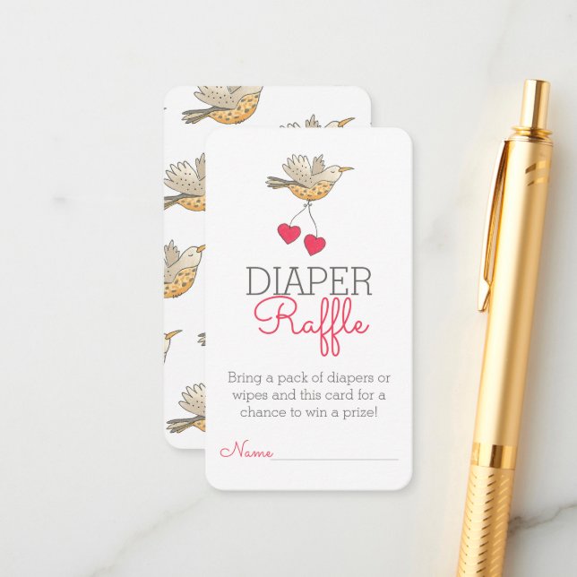 Carte D'accompagnement Mama Bird Flying with Hearts Diaper Raffle (Devant/Arrière en situation)