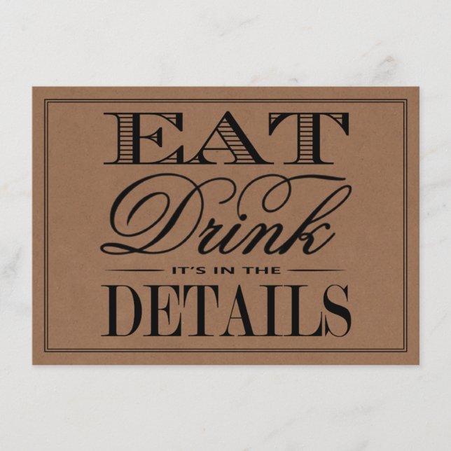 Carte D'accompagnement Manger, Boire & Être Marié Mariage Kraft Rustique (Devant)