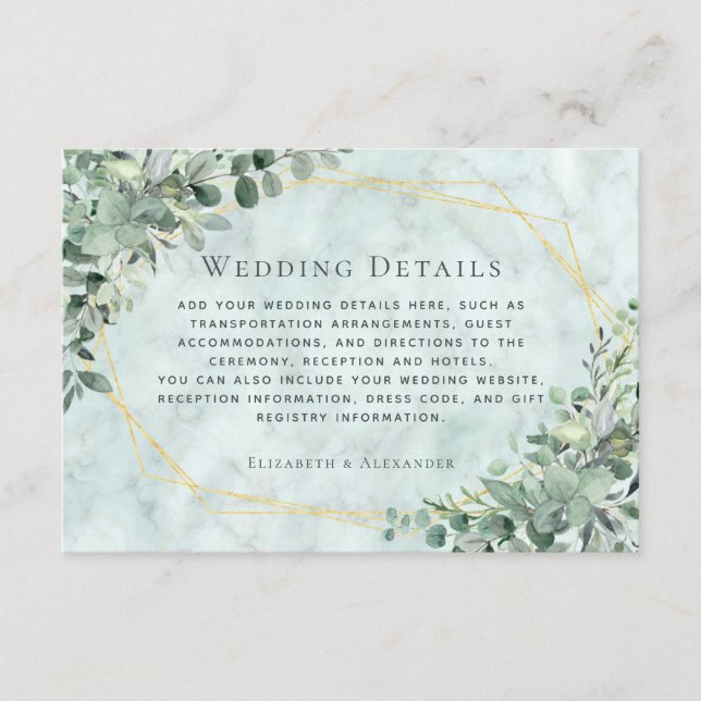 Carte D'accompagnement Marble Eucalyptus Greenery Gold Détails du Mariage (Devant)