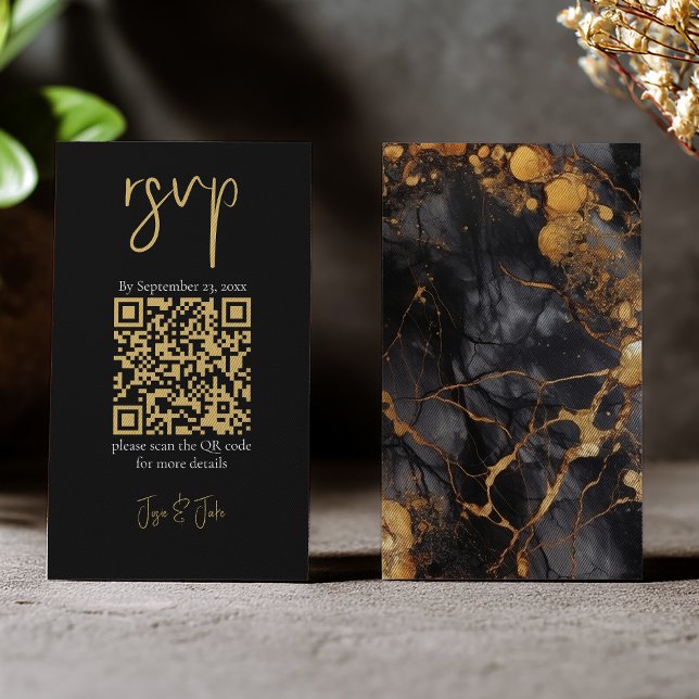 Carte D'accompagnement Marbre noir et or, code QR mariage RSVP (Gold marble rsvp insert card with QR code)