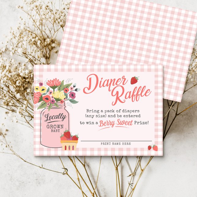 Carte D'accompagnement Marché des agriculteurs Berry Sweet Tirage au sort (Pink gingham Farmers Market Locally Grown Mason Jar floral berry sweet baby shower diaper raffle)