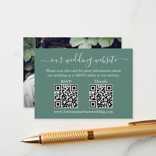 Carte D'accompagnement Mariage 2 QR RSVP Détails Photo Eucalyptus Green (Devant/Arrière en situation)