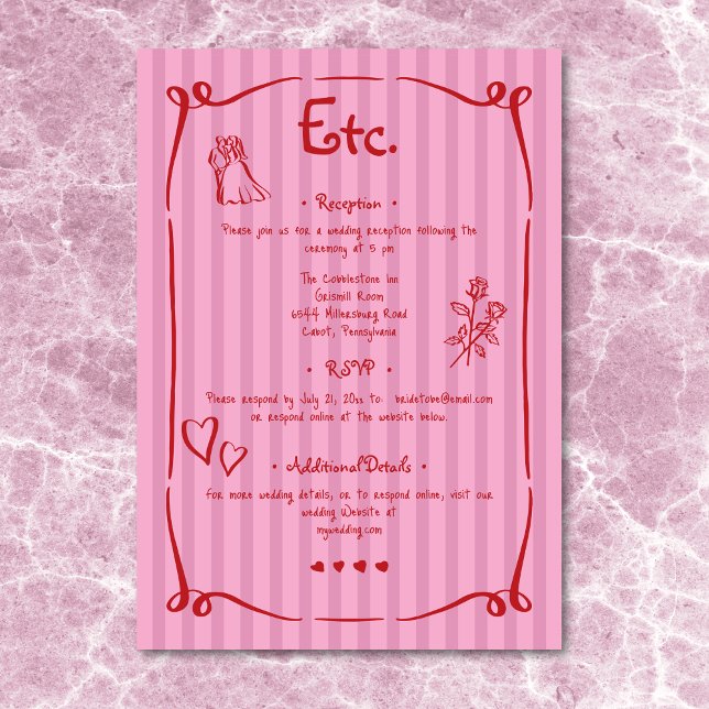 Carte D'accompagnement Mariage à bande rouge rose blanc à main rétro (Whimsical Retro Hand Drawn Pink Red Stripe Wedding Enclosure Card)