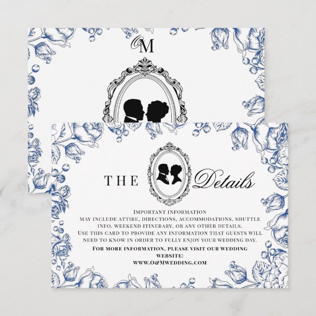 Carte D'accompagnement Mariage à la Florale Bleue de l'Ère Régence (Devant / Derrière)