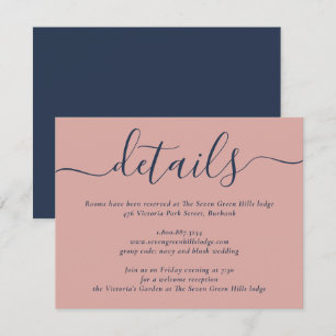 Carte D'accompagnement Mariage à l'écriture moderne Bleu Nuit et Rose