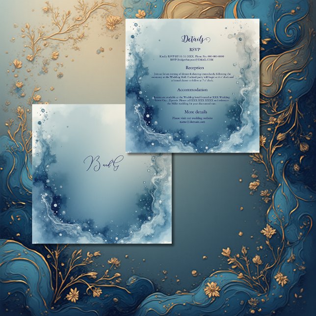 Carte D'accompagnement mariage à l'encre de marbre côtier rêveur bleu bla (Créateur téléchargé)