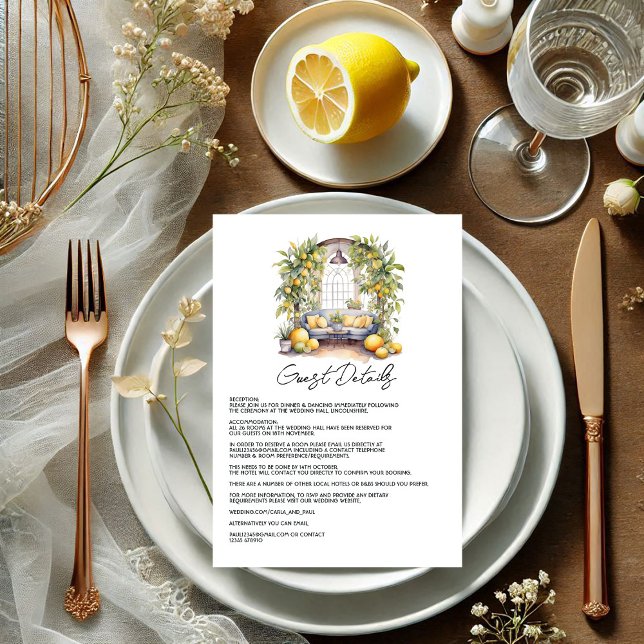 Carte D'accompagnement Mariage à thème citron méditerranéen Détails au su (Mediterranean Lemon-Themed Wedding Guest Details Enclosure Card)