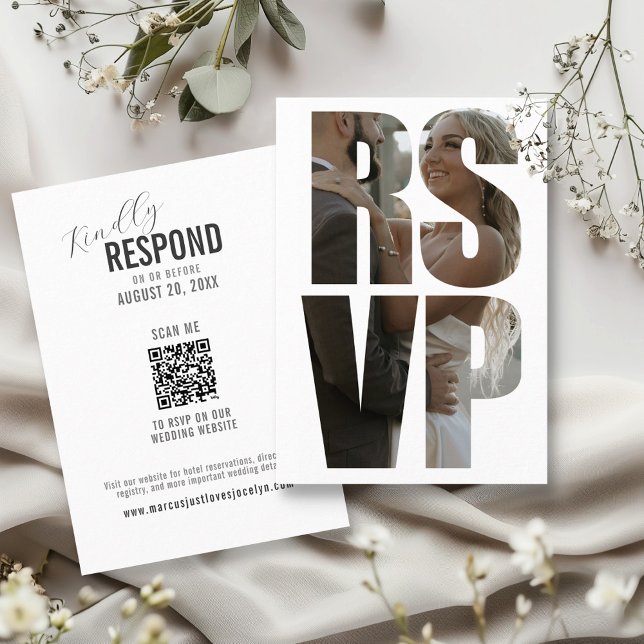 Carte D'accompagnement Mariage amusant RSVP Mots photo Code QR moderne (Custom RSVP photo words kindly respond on wedding website scan QR code informal enclosure card )