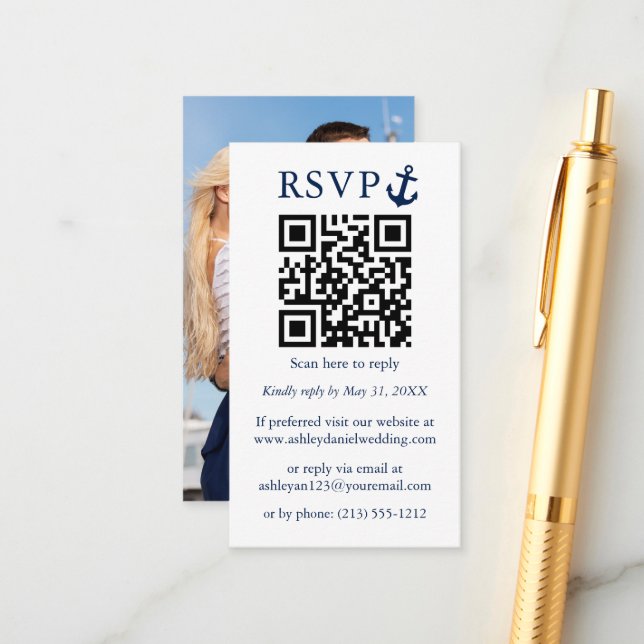 Carte D'accompagnement Mariage Ancre bleu marine QR RSVP photo (Devant/Arrière en situation)