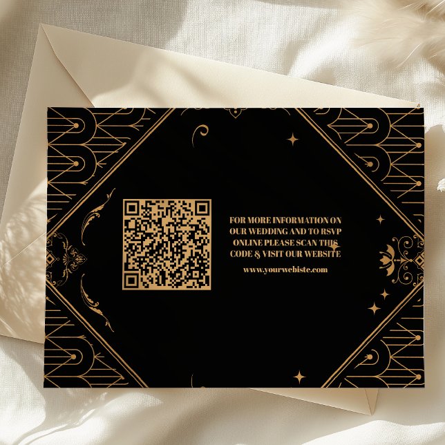 Carte D'accompagnement Mariage Art déco géométrique de code QR en or noir (Créateur téléchargé)
