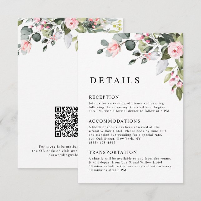 Carte D'accompagnement Mariage au code QR Eucalyptus Floral Blush Élégant (Devant / Derrière)