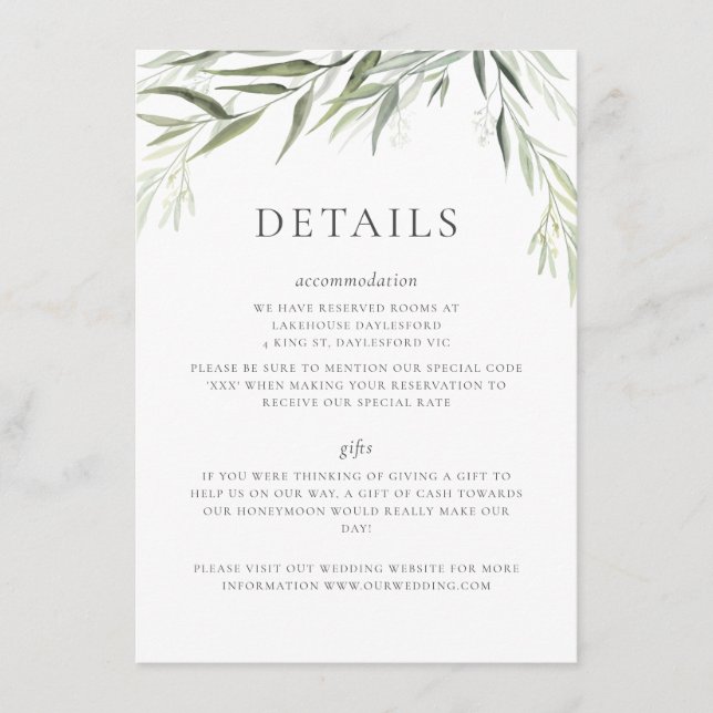Carte D'accompagnement Mariage au Feuillage de Gomme d'Eucalyptus (Devant)