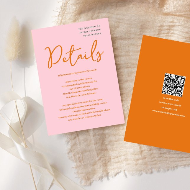 Carte D'accompagnement Mariage aux couleurs amusantes rose et orange abst (Abstract Pink & Orange fun colors Wedding Enclosure Card)