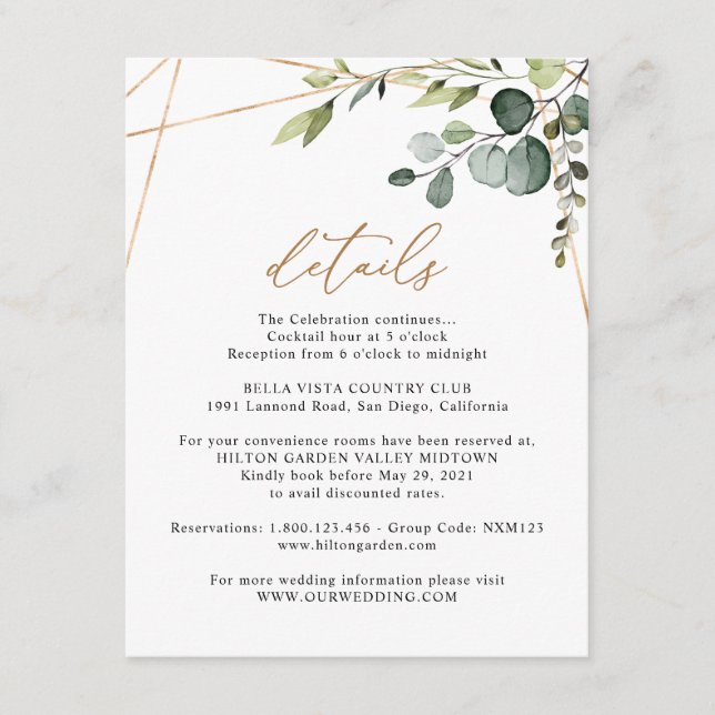 Carte D'accompagnement Mariage aux détails géométriques dorés et verdure  (Devant)