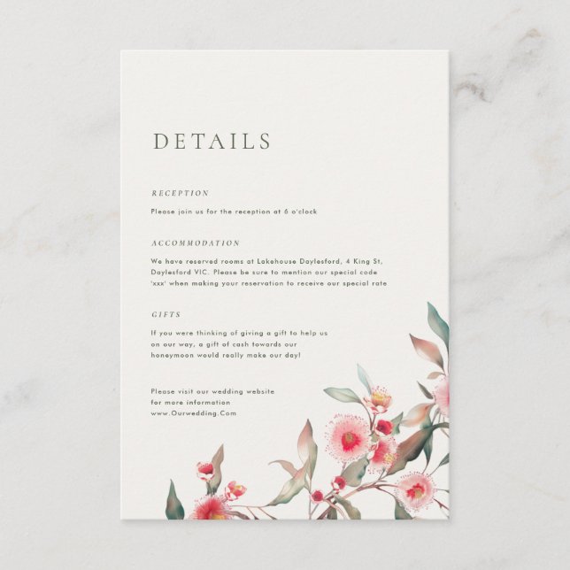 Carte D'accompagnement Mariage aux feuillages d'eucalyptus et fleurs rose (Devant)