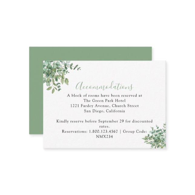 Carte D'accompagnement Mariage aux feuilles d'eucalyptus (Devant/Arrière en situation)