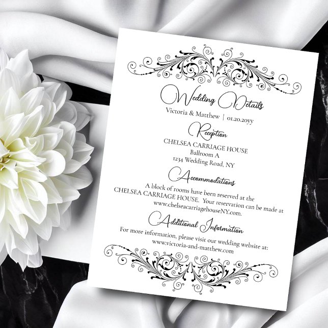 Carte D'accompagnement Mariage Black and White Flouring Elegance Détails (Black and White Flourish Elegance details card to include with your wedding invite.)