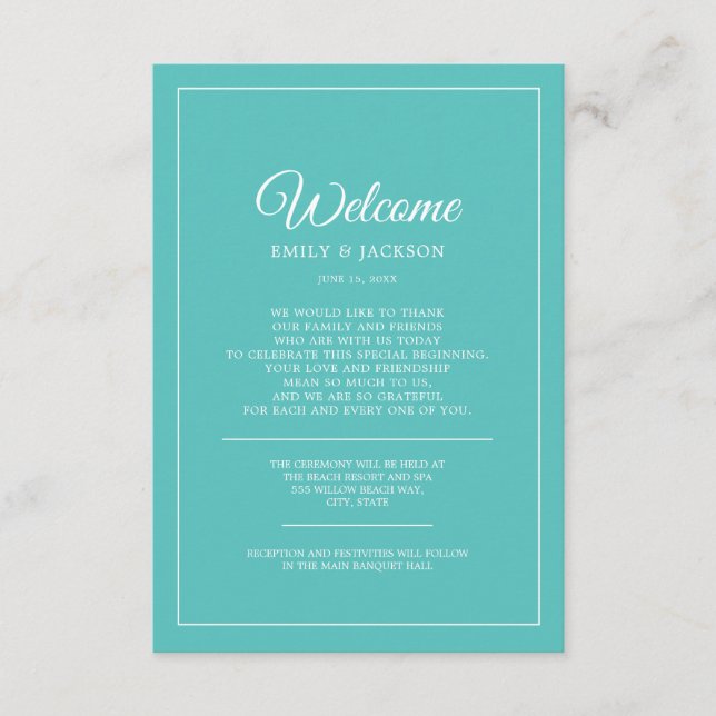 Carte D'accompagnement Mariage blanc turquoise Bienvenue (Devant)