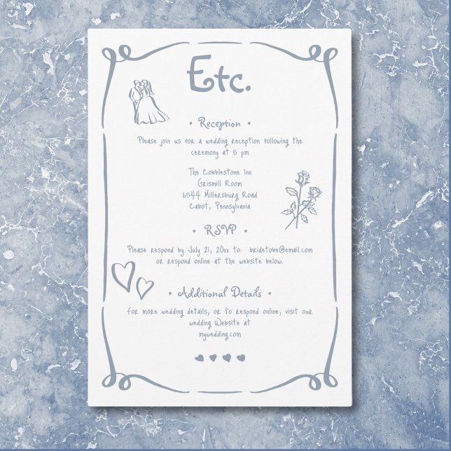 Carte D'accompagnement Mariage bleu Dusty dessiné main rétro Whimsical (Whimsical Retro Hand Drawn Dusty Blue Wedding Enclosure Card)