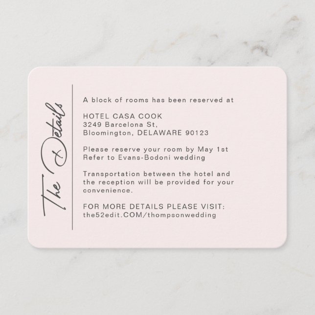Carte D'accompagnement Mariage Blush moderne simple Détails (Devant)