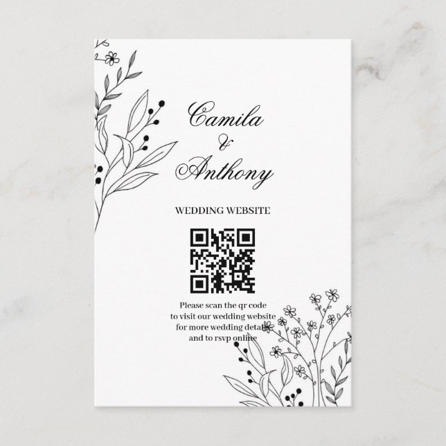 Carte D'accompagnement Mariage Boho floral noir et blanc (Devant)