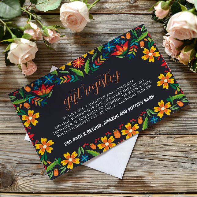Carte D'accompagnement Mariage botanique coloré noir mexicain (Mexican Black Floral Colorful Botanical Wedding Enclosure Card)