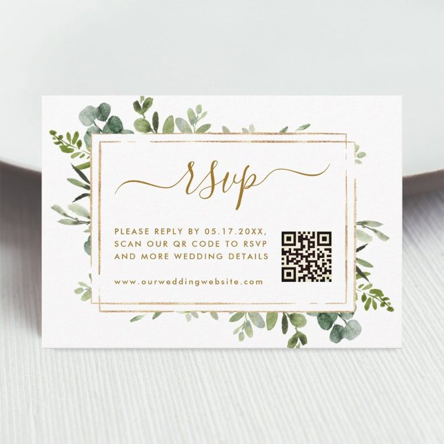 Carte D'accompagnement Mariage Botanique Gold Greenery RSVP avec code QR (Créateur téléchargé)